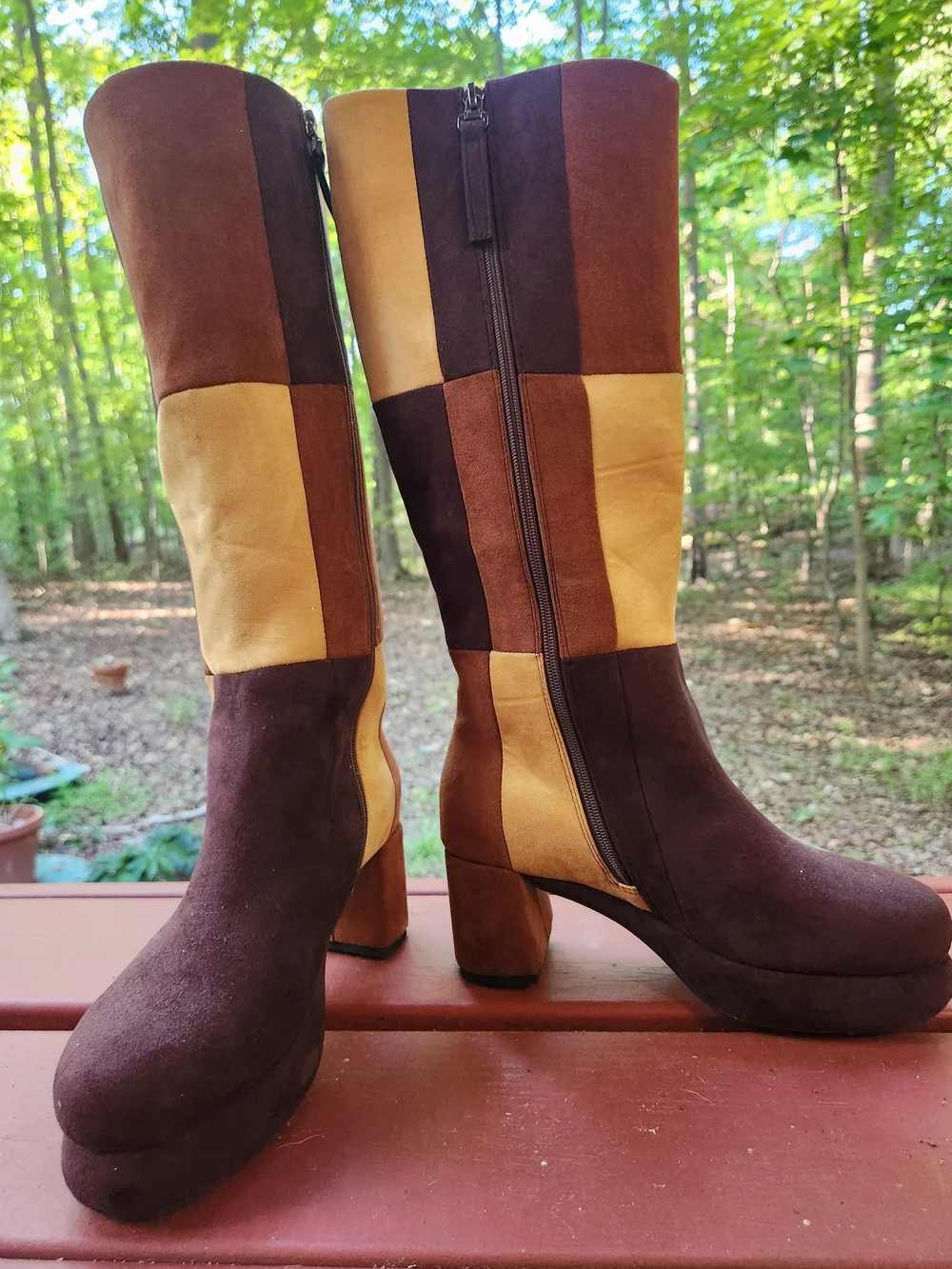 Women’s Patchwork Brown Faux Suede Block Heel Knee Boots